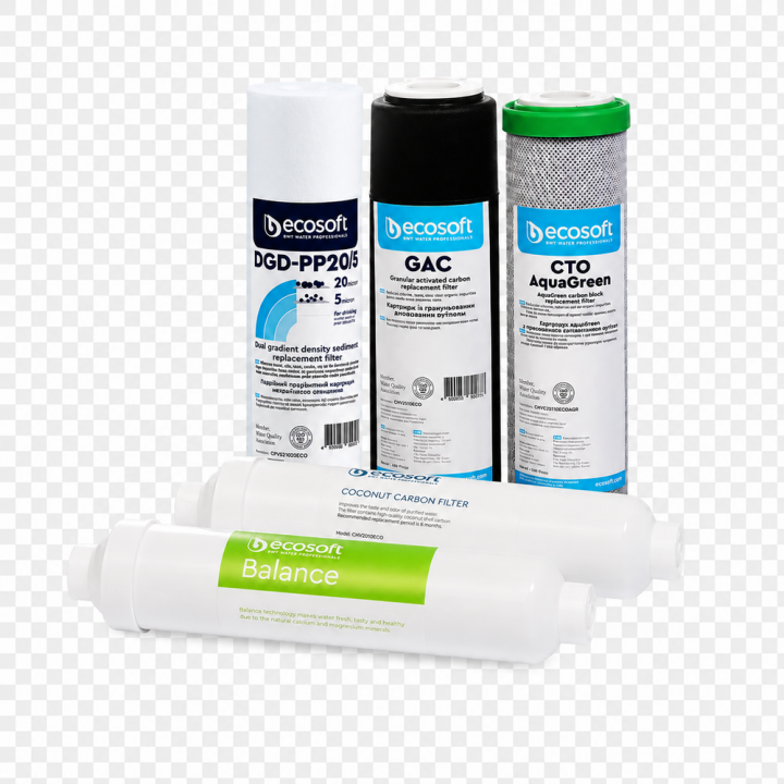 Szűrőkészlet Ecosoft P’URE Balance víztisztítóhoz 5 szűrős készlet (3 előszűrő, utószánszűrő és speciális ásványi anyag visszapótló)