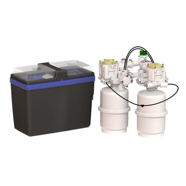 Hydrosoft 200B DUPLEX KOMPAKT elektromos áram nélkül működő víz és sótakarékos vízlágyító külön sóléoldó tartállyal (2x3l gyanta, by pass szelep, 3/4